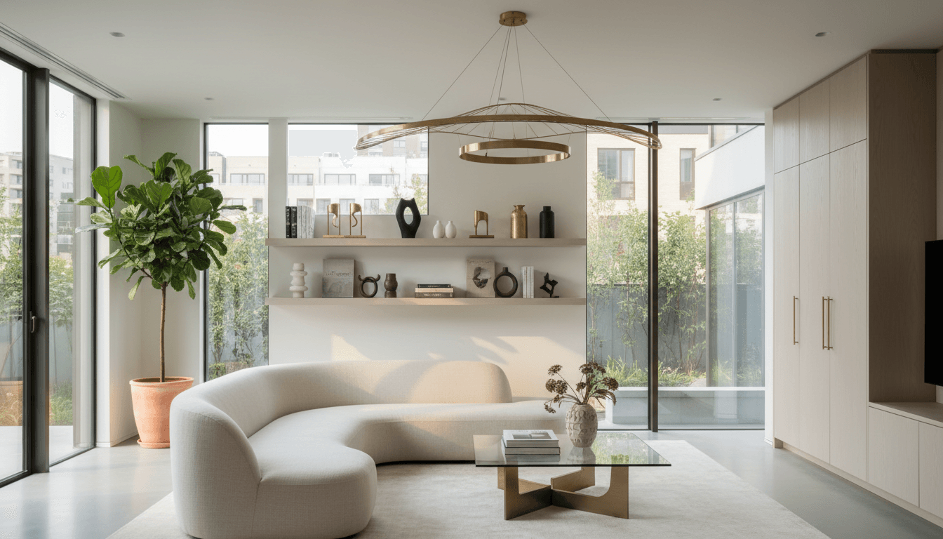 Modern luxury apartment living room with large smart TV and natural sunlight